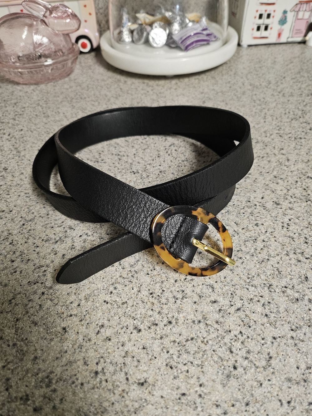 Black Faux Leather Women's Belt with Tortoiseshell Oval Buckle